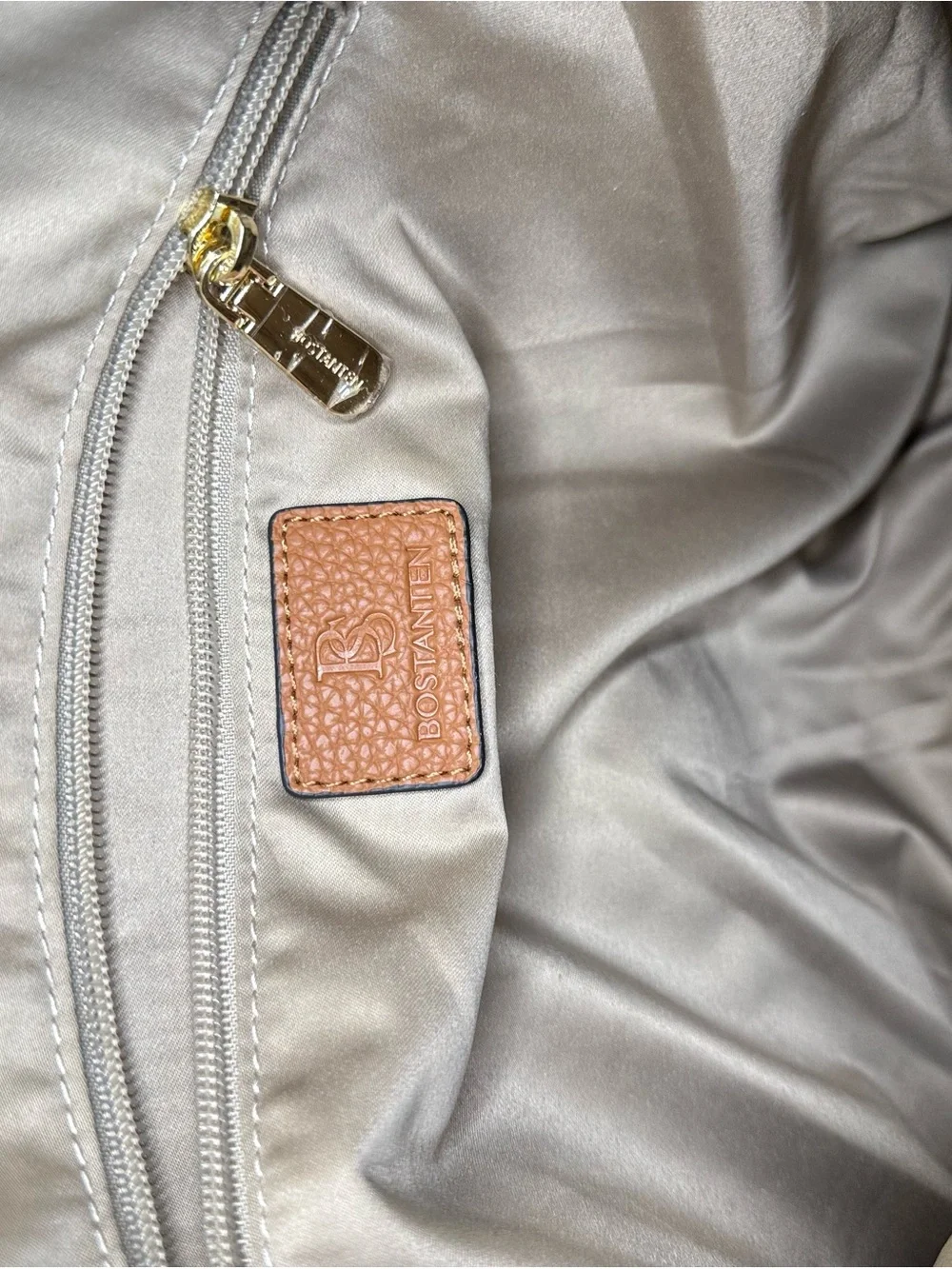 Bostanten Cream White Hobo Crossbody Bag Cognac Brown Gold Hardware Pebbled Bag.